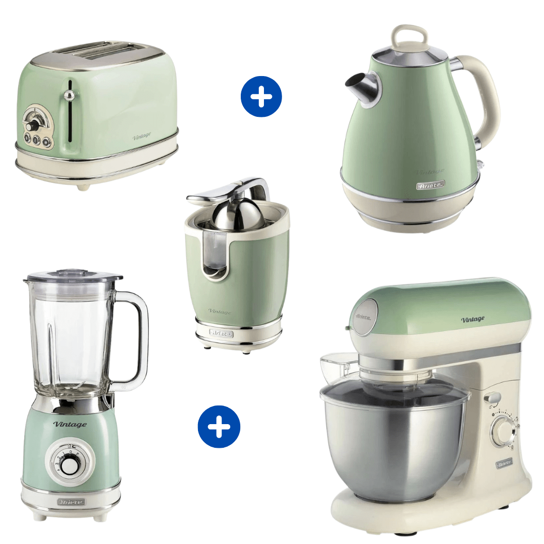 Combo Ariete Vintage Verde: Batedeira, Torradeira, Chaleira, Espremedor de Frutas e Liquidificador