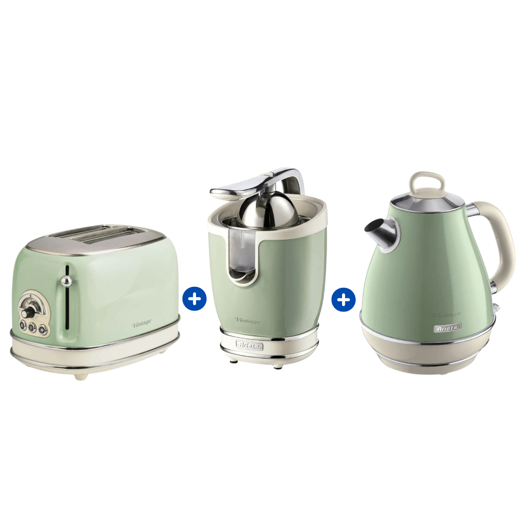 Combo Premium Ariete Vintage Verde Torradeira + Chaleira Inox e Espremedor