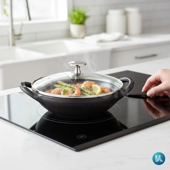 Baby Staub Wok com Tampa de Vidro New Preto Ferro Fundido 16cm