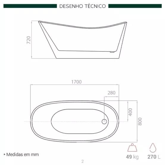 Banheira Atlântida Glossy White Immersi Moderna 170 x80x72