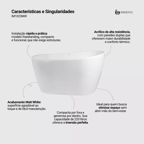 Banheira de Imersão Embaú Matt White Moderna 130x80x75 Immersi