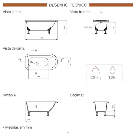 Banheira de Imersão Florian com Pés Cromados 135x74x64 Immersi