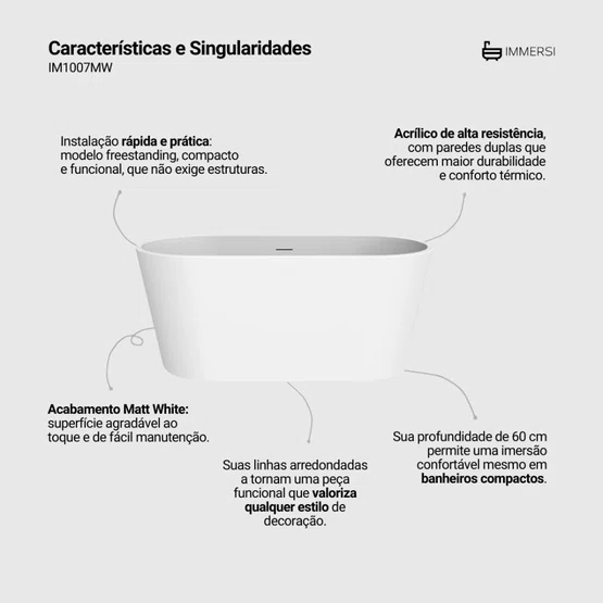 Banheira de Imersão Gamboa Matt White Immersi Moderna 150x80x60