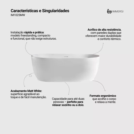 Banheira de Imersão Garopaba Matt White Immersi Moderna 170x80x60