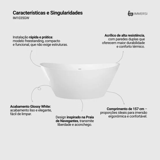 Banheira de Imersão Navegantes Glossy White Immersi Moderna 157x78,5x67