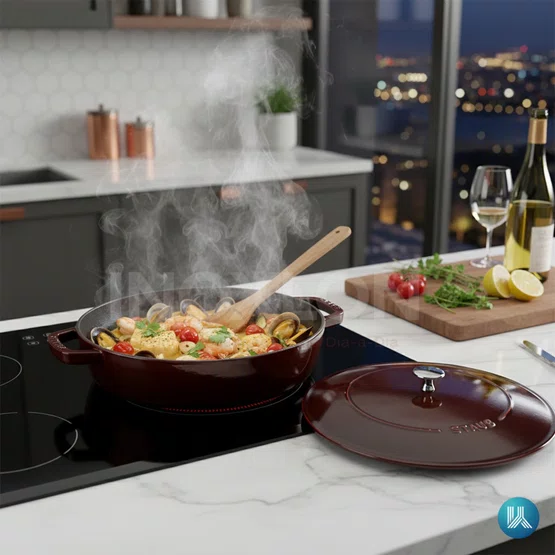 Caçarola Staub Redonda Baixa Chistera Ferro Fundido Vermelho Granado 28cm