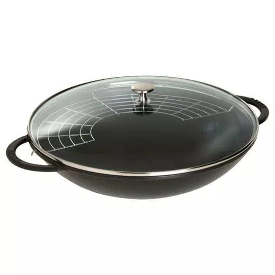 Caçarola Staub Wok Ferro Fundido com Tampa de Vidro Preto 37cm