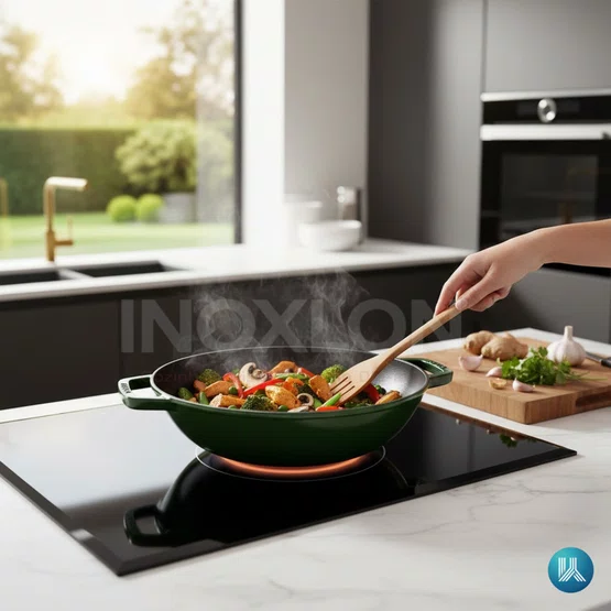 Caçarola Staub Wok com Tampa de Vidro Ferro Fundido Verde 30 cm