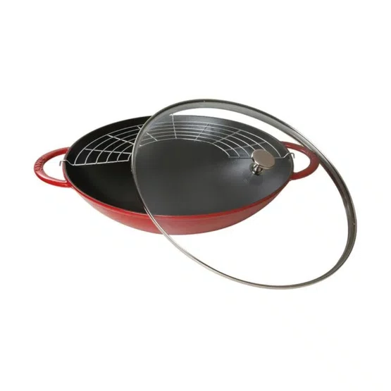 Caçarola Wok Staub Ferro Fundido com Tampa de Vidro Cereja 37cm