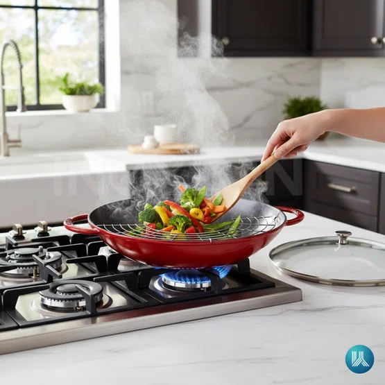 Caçarola Wok Staub Ferro Fundido com Tampa de Vidro Cereja 37cm