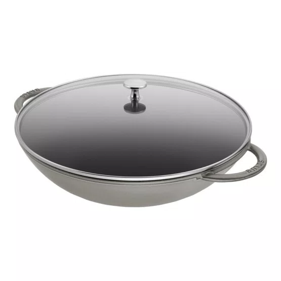 Caçarola Premium Staub Wok Ferro Fundido com Tampa de Vidro Cinza Grafite 37cm