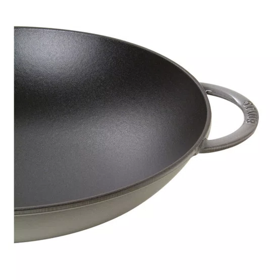 Caçarola Premium Staub Wok Ferro Fundido com Tampa de Vidro Cinza Grafite 37cm