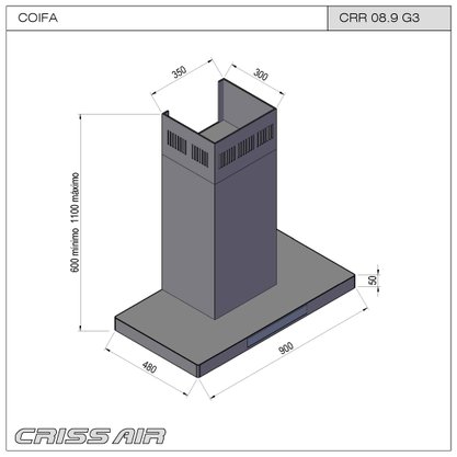 Coifa de Parede Crissair Drito Plane Black Matte CRR 08.9.G3 90cm 220V
