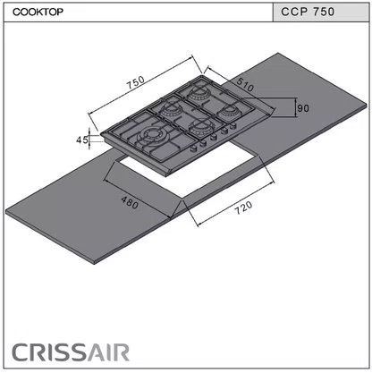 Combo Cozinha Crissair Signature Cooktop Inox 304 5 Bocas 75cm e Coifa de Parede Soft 1.050 m³/h