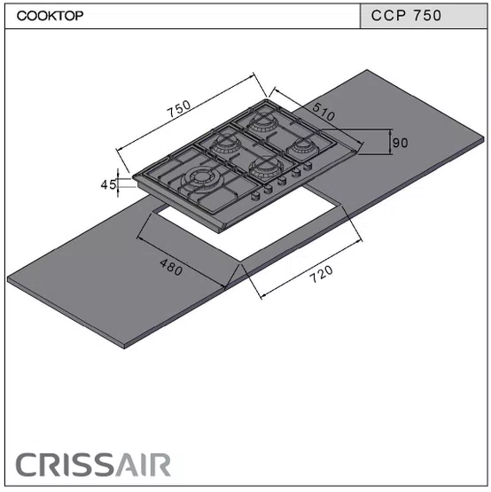 Combo Crissair Cooktop 75 cm + Coifa Soft Perimetral + Torre Quente Inox/Black