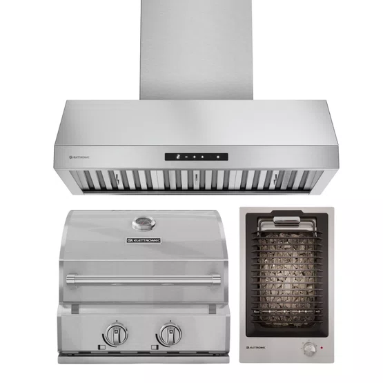 Combo Premium Elettromec: Coifa de Parede Motor Duplo + Churrasqueira de Embutir a Gás + Cooktop Dominó Pedras Vulcânicas 220V