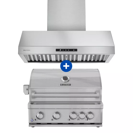 Combo Premium Elettromec: Coifa de Parede Motor Duplo Inox + Churrasqueira de Embutir a Gás Pedras Cerâmicas