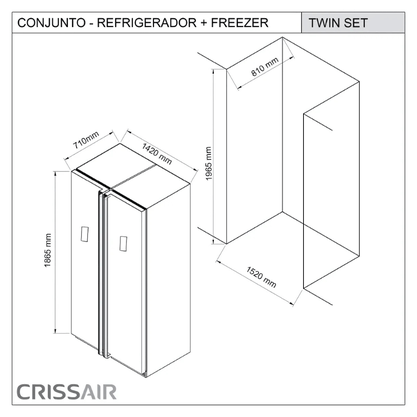 Conjunto Geladeira + Freezer em Inox Twinset Crissair 760L Com Compressor Inverter 220v