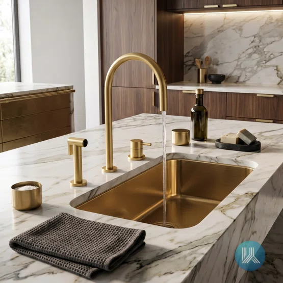 Conjunto Monocomando para Cozinha Kromma com Bica Alta e Ducha Manual Dourado Escovado