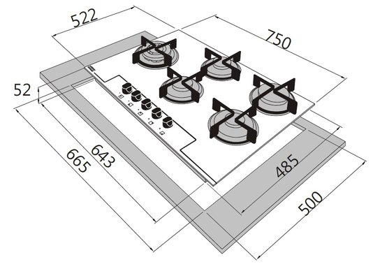 Cooktop a Gás Franke Glass 75 GTC com Boca Deslocada Bivolt