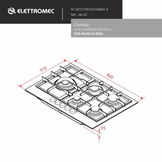 Cooktop Luce Elettromec 5 Queimadores a Gás Step Flame 90 cm Bivolt