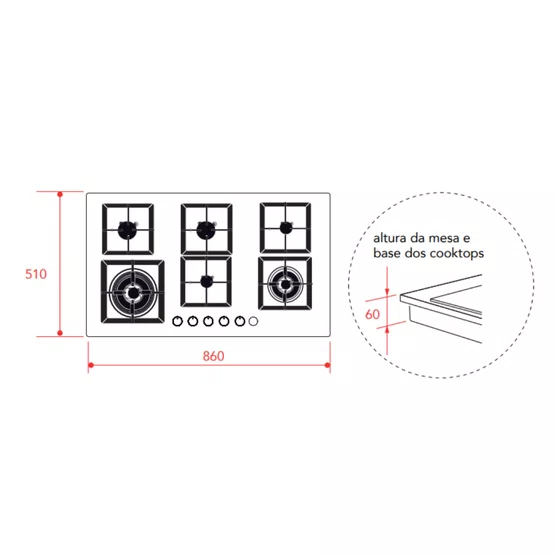 Cooktop Quadratto Semifilo Elettromec 6 Queimadores a Gás 90 cm Bivolt