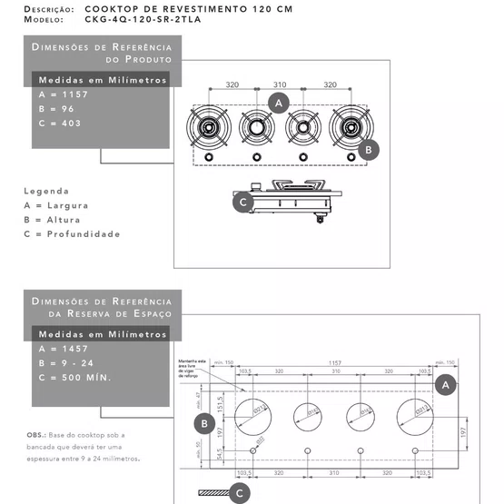 Cooktop de Revestir na Bancada Elettromec 4 Queimadores à Gás 120 cm