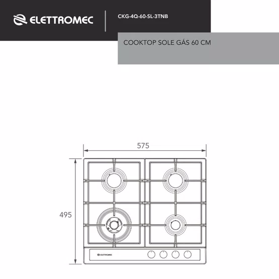 Cooktop Sole Elettromec 4 Queimadores a Gás Inox e Vidro 60 cm Bivolt
