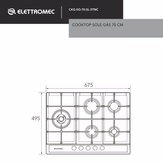 Cooktop Sole Elettromec 5 Queimadores a Gás Inox e Vidro 70 cm Bivolt