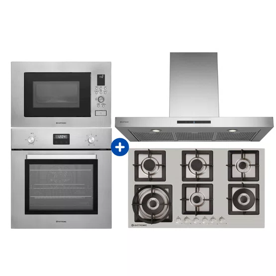 Conjunto Elettromec Coifa Milano Parede 90cm + Torre Forno Elétrico e Micro-ondas Luce + Cooktop Quadratto 6 Queimadores