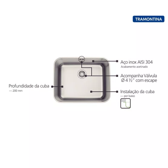 Cuba de Embutir Anti-ruído Dora Tramontina 50 BL R6 com Escape Aço Inox Escovado