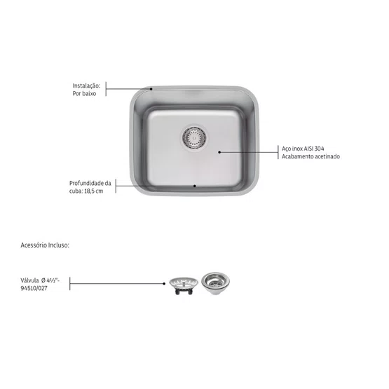 Cuba de Embutir Anti-ruído Dora Tramontina 40 BL R6 Aço Inox Escovado