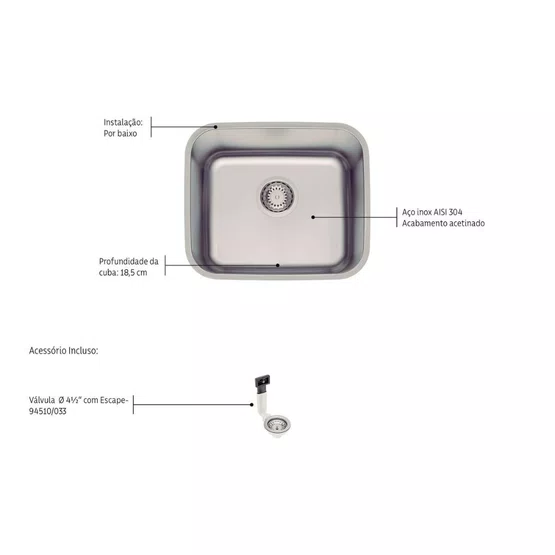 Cuba de Embutir Anti-ruído Dora Tramontina 40 BL R6 com Escape Aço Inox Escovado