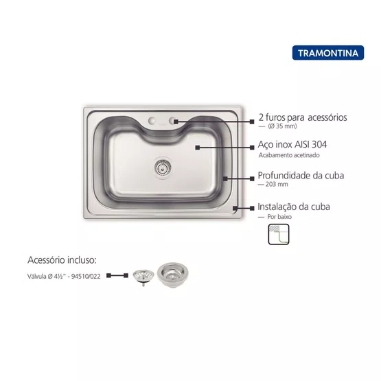 Cuba de Embutir Anti-ruído Morgana 60 FX Undermount Tramontina Inox Escovado