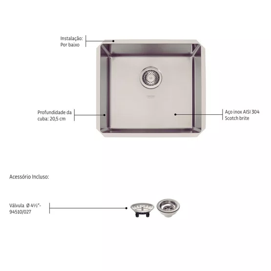 Cuba de Embutir Anti-ruído Tramontina Design Collection Quadrum 45 U com Válvula Inox
