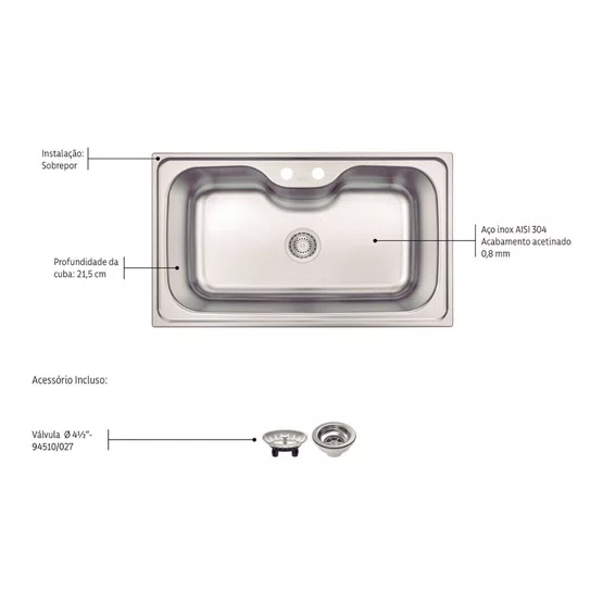 Cuba de Sobrepor Anti-ruído Morgana Maxi 78 FX Tramontina com Válvula e Furo Inox