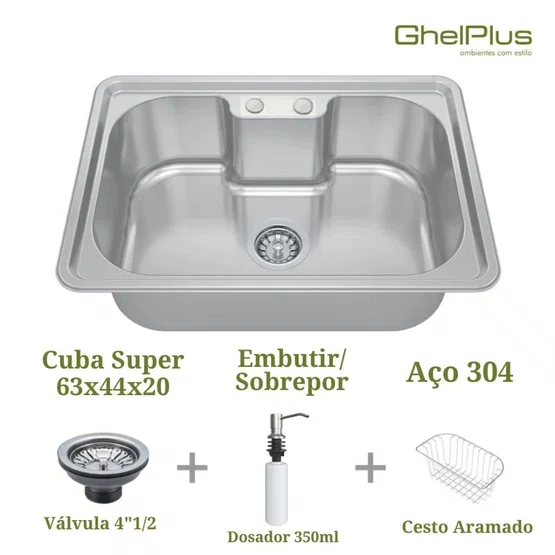 Cuba Super Premium Ghelplus em Inox Acetinado com Acessórios 63x44 cm
