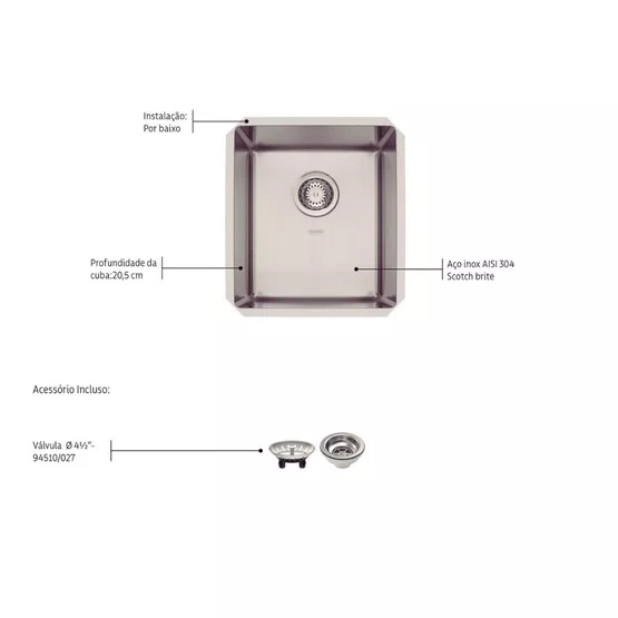 Cuba de Embutir Anti-ruído Tramontina Design Collection Quadrum 34 U Inox Escovado
