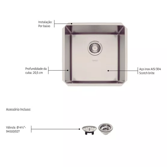 Cuba de Embutir Anti-ruído Tramontina Design Collection Quadrum 40 U Válvula Inox