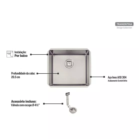 Cuba de Embutir Anti-ruído Tramontina Design Collection Quadrum 45 U Válvula com Escape