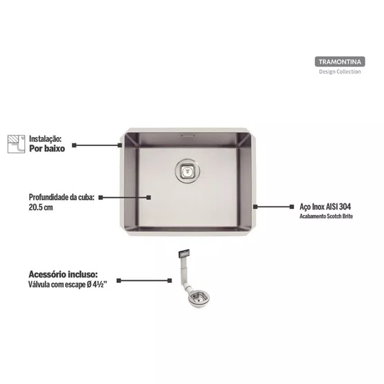 Cuba de Embutir Anti-ruído Tramontina Design Collection Quadrum 50 U Válvula com Escape