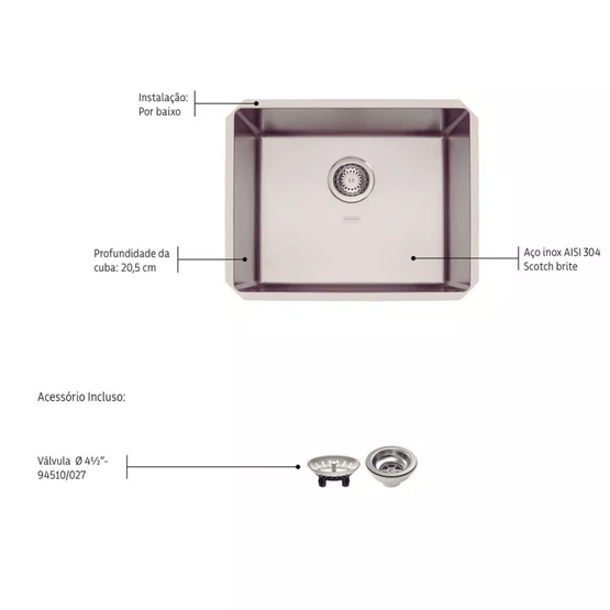 Cuba de Embutir Anti-ruído Tramontina Design Collection Quadrum 50 U com Válvula