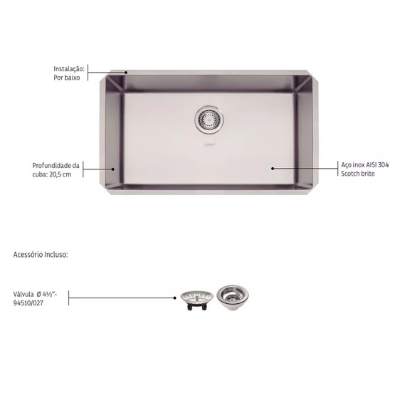Cuba de Embutir Anti-ruído Tramontina Design Collection Quadrum 70 U com Válvula