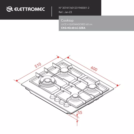 Cooktop Luce Elettromec 5 Queimadores a Gás Step Flame 75 cm Bivolt