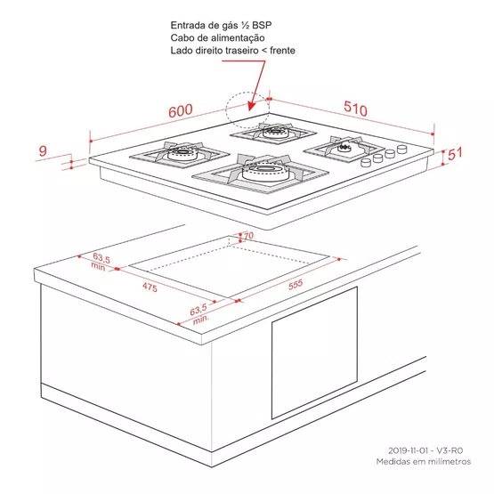 Cooktop Quadratto Elettromec 4 Queimadores a Gás 60 cm Bivolt