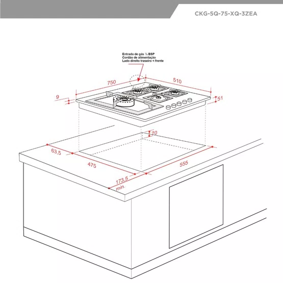 Cooktop Quadratto Elettromec 5 Queimadores a Gás 75 cm Bivolt