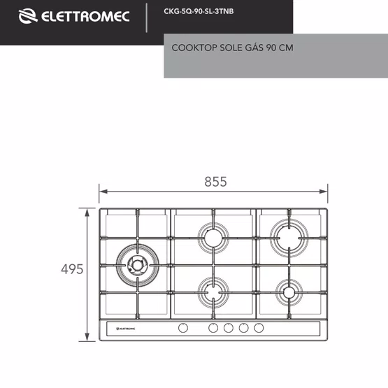 Cooktop Sole Elettromec 5 Queimadores a Gás Inox e Vidro 90 cm Bivolt