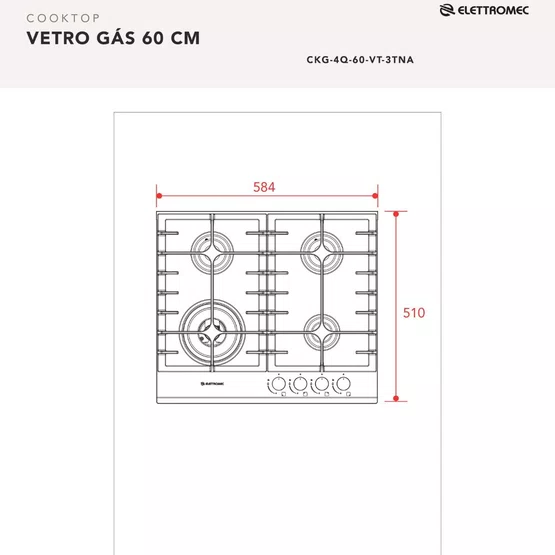 Cooktop Vetro Elettromec 4 Queimadores a Gás Vitrocerâmico 60 cm Bivolt