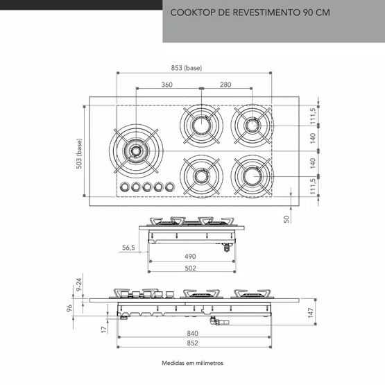 Cooktop de Revestir na Bancada Elettromec 5 Queimadores à Gás 90 cm 220 V
