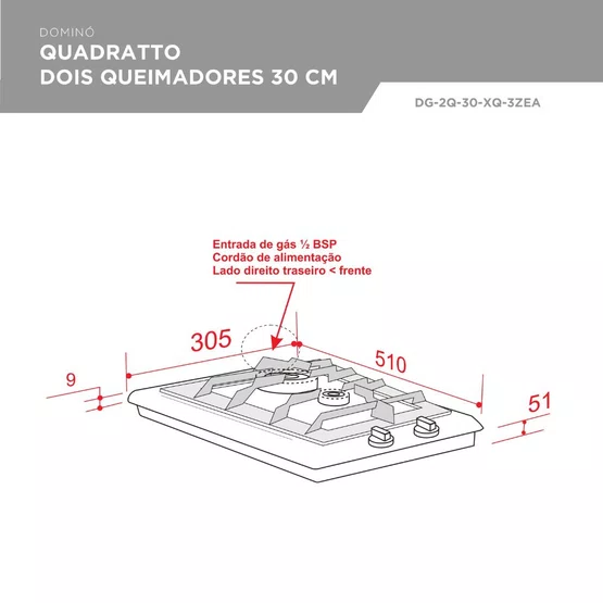 Cooktop Dominó Quadratto Elettromec 2 Queimadores a Gás 30 cm Bivolt